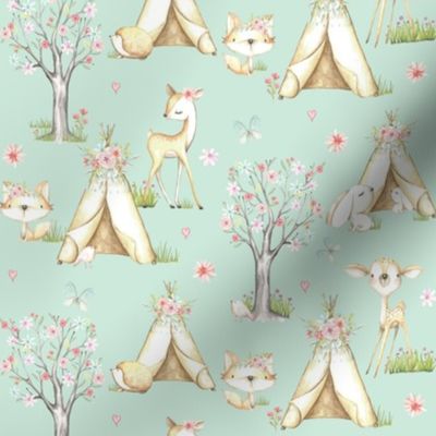 WhisperWood Nursery (soft seafoam) – Teepee Deer Fox Bunny Trees Flowers - SMALLER scale