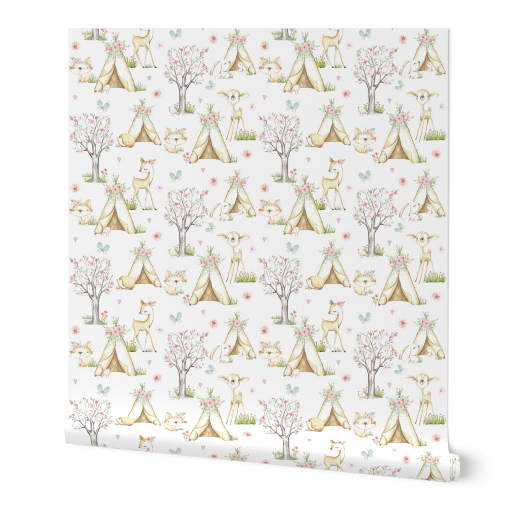 WhisperWood Nursery (white) – Teepee Deer Fox Bunny Trees Flowers - MEDIUM  scale