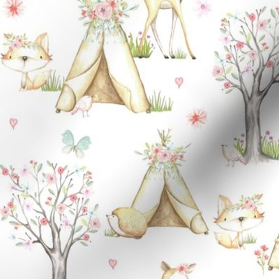 WhisperWood Nursery (white) – Teepee Deer Fox Bunny Trees Flowers - MEDIUM  scale