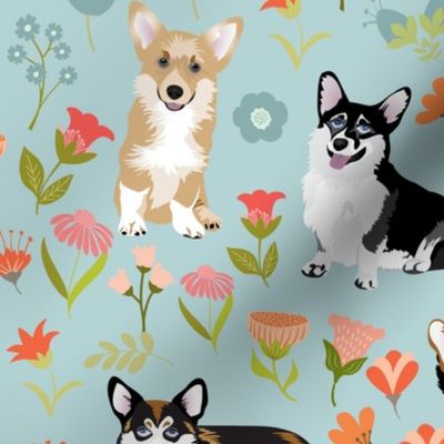 10" multicolored corgi floral fabric - dog fabric, corgi fabric, pet fabric, corgi fun fabric - dove blue