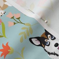 10" multicolored corgi floral fabric - dog fabric, corgi fabric, pet fabric, corgi fun fabric - dove blue