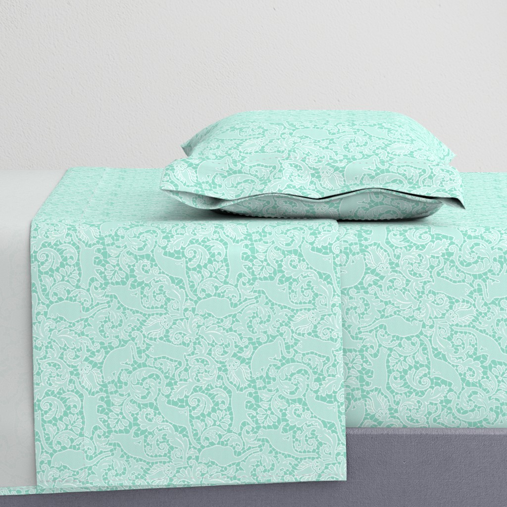 cat lace - white on bright mint
