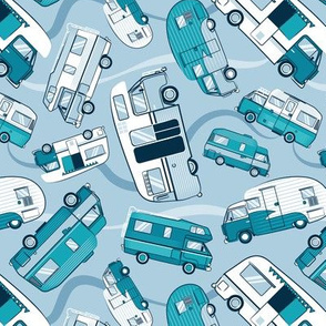 Small scale // Topsy turvy home sweet motor home // teal and pastel blue camper vans on pale blue background
