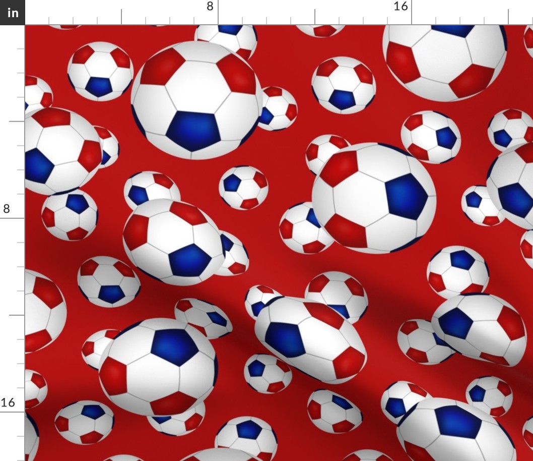 Red white and blue soccer balls on red - large