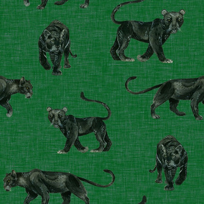 Black Panthers on Dark Green Linen