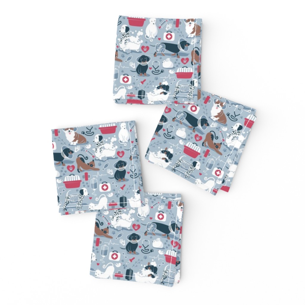 Tiny scale // VET medicine happy and healthy friends // pastel blue background red details navy blue white and brown cats dogs and other animals