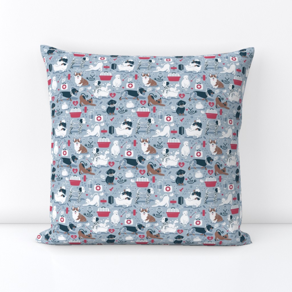 Tiny scale // VET medicine happy and healthy friends // pastel blue background red details navy blue white and brown cats dogs and other animals