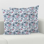 Tiny scale // VET medicine happy and healthy friends // pastel blue background red details navy blue white and brown cats dogs and other animals