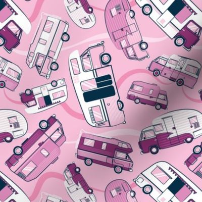 Small scale // Topsy turvy home sweet motor home // pink camper vans on pastel pink background 