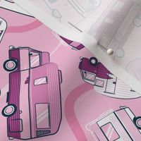 Small scale // Topsy turvy home sweet motor home // pink camper vans on pastel pink background 