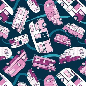 Small scale // Topsy turvy home sweet motor home // pink camper vans on navy blue background