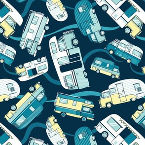 Small scale // Topsy turvy home sweet motor home // yellow lime aqua and teal camper vans on navy blue background