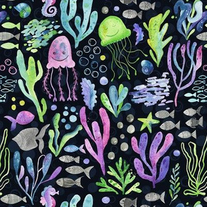 Sea world creatures and seaweed on dark blue