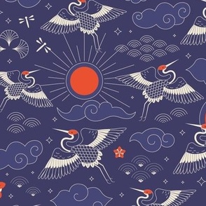 Japanese Cranes Flying in Purple Clouds