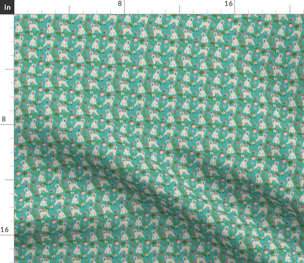 TINY - irish wheaten cactus floral fabric - soft coated wheaten terrier fabric, dog fabric, cactus florals fabric, cute dog fabric - teal