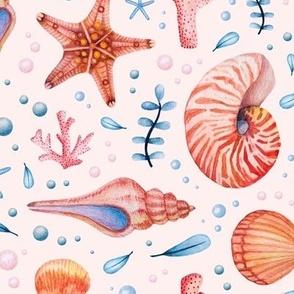 Watercolor  seashells and corals