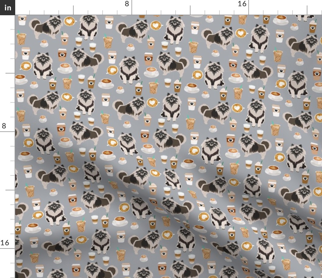 keeshond coffee fabric - dog fabric, dogs fabric, keeshond fabric -grey