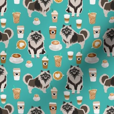 keeshond coffee fabric - dog fabric, dogs fabric, keeshond fabric - teal