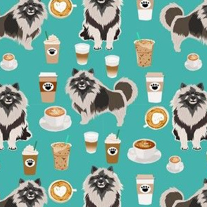 keeshond coffee fabric - dog fabric, dogs fabric, keeshond fabric - teal