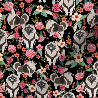 keeshond floral fabric - dog fabric, dogs fabric, floral dog, keeshond fabric black