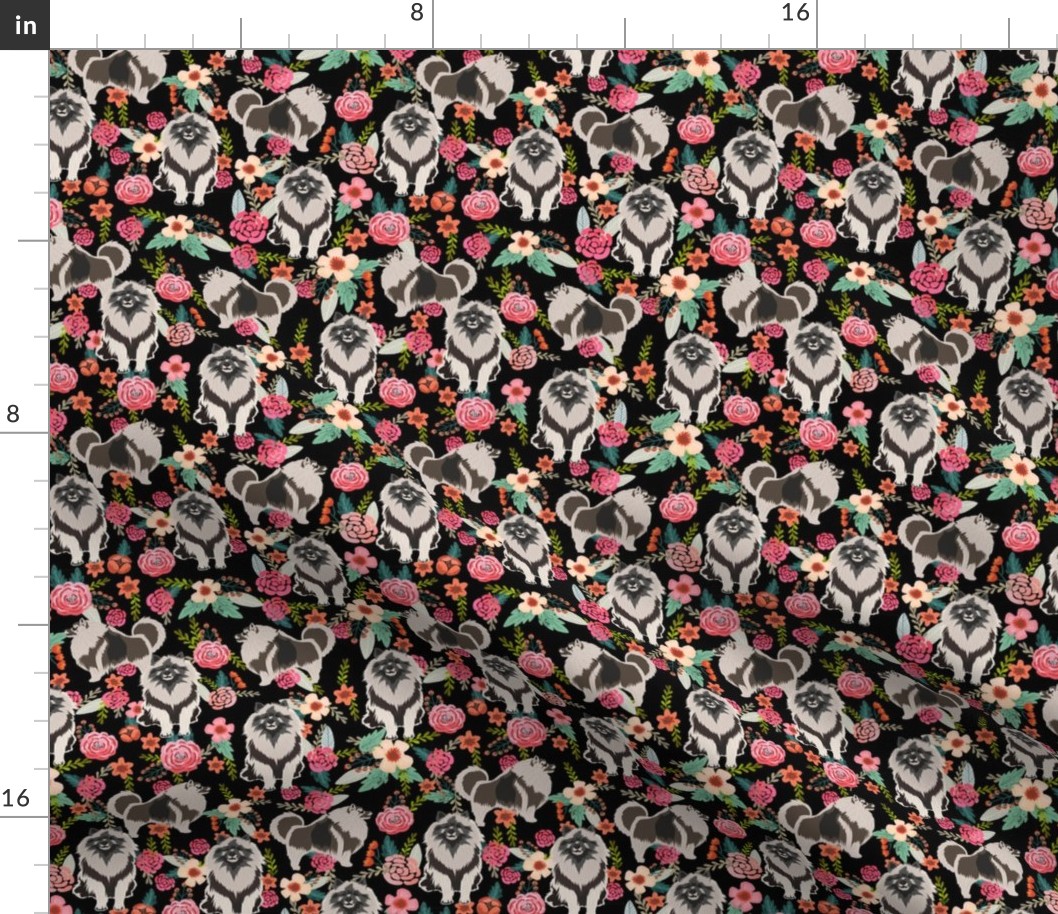 keeshond floral fabric - dog fabric, dogs fabric, floral dog, keeshond fabric black