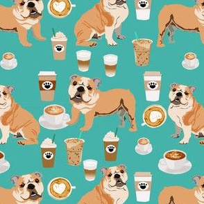 english bulldog coffee fabric - dog fabric, coffee fabric, bulldog fabric, bully fabric, dog, dogs - teal