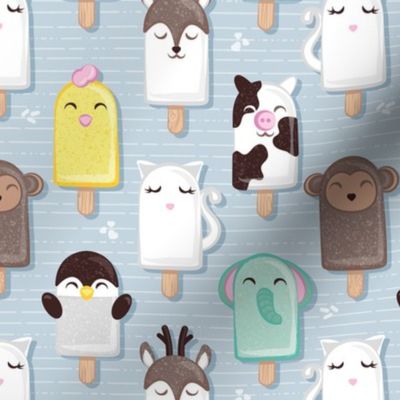 Small scale // Kawaii Cuddly Animal Ice Creams II // cat penguin cow dear elephant monkey and chick popsicles on pale blue background