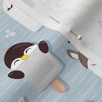 Small scale // Kawaii Cuddly Animal Ice Creams II // cat penguin cow dear elephant monkey and chick popsicles on pale blue background