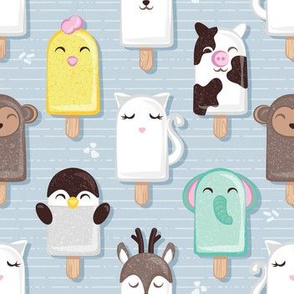 Small scale // Kawaii Cuddly Animal Ice Creams II // cat penguin cow dear elephant monkey and chick popsicles on pale blue background