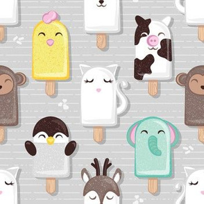 Small scale // Kawaii Cuddly Animal Ice Creams II // cat penguin cow dear elephant monkey and chick popsicles on light grey background