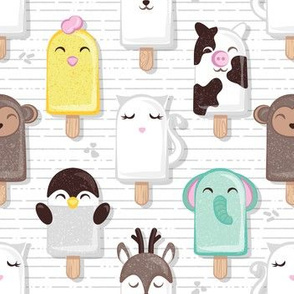 Small scale // Kawaii Cuddly Animal Ice Creams II // cat penguin cow dear elephant monkey and chick popsicles on white background