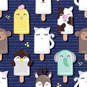 Small scale // Kawaii Cuddly Animal Ice Creams II // cat penguin cow dear elephant monkey and chick popsicles on navy blue background