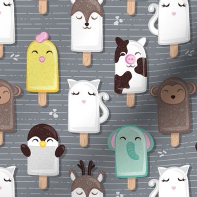 Small scale // Kawaii Cuddly Animal Ice Creams II // cat penguin cow dear elephant monkey and chick popsicles on dark grey background