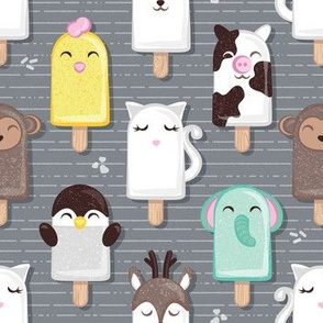 Small scale // Kawaii Cuddly Animal Ice Creams II // cat penguin cow dear elephant monkey and chick popsicles on dark grey background