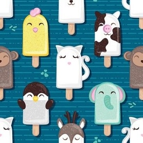 Small scale // Kawaii Cuddly Animal Ice Creams II // cat penguin cow dear elephant monkey and chick popsicles on turquoise background