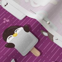 Small scale // Kawaii Cuddly Animal Ice Creams II // cat penguin cow dear elephant monkey and chick popsicles on dark pink background