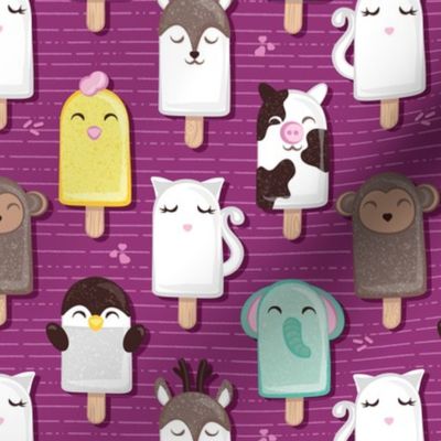 Small scale // Kawaii Cuddly Animal Ice Creams II // cat penguin cow dear elephant monkey and chick popsicles on dark pink background