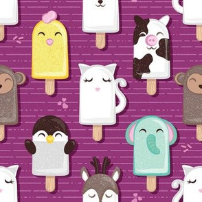 Small scale // Kawaii Cuddly Animal Ice Creams II // cat penguin cow dear elephant monkey and chick popsicles on dark pink background