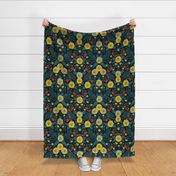 Teal, Yellow, Orange & Black Botanical Pattern