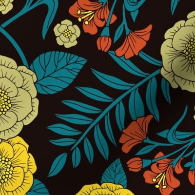 Teal, Yellow, Orange & Black Botanical Pattern