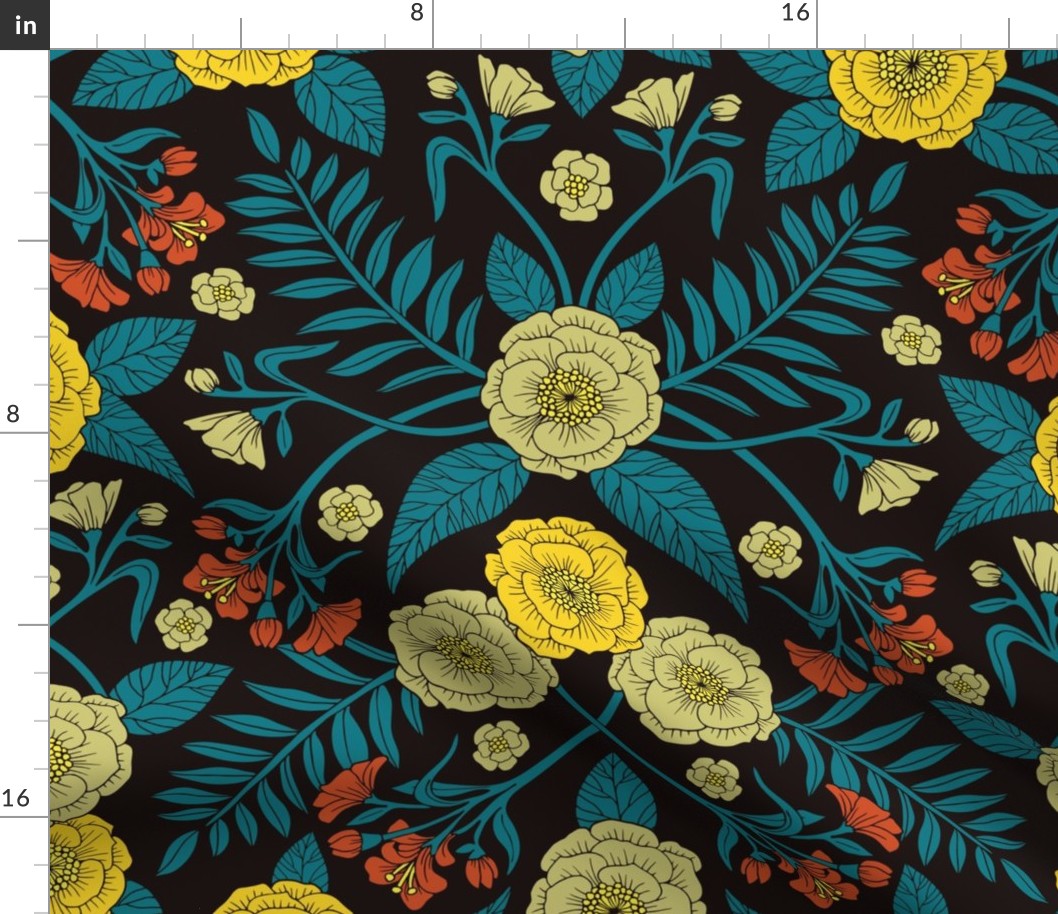 Teal, Yellow, Orange & Black Botanical Pattern