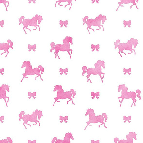 Horses and Bows Pattern in Pink Watercolor on White