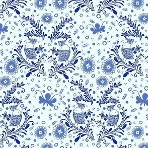 folk bird an floral blue