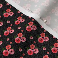 1" Roses - Watercolor White Polka Dots  / Black Background