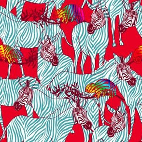 Zebras and rainbow chameleons on red background