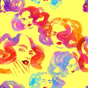 Girls with wavy hair (multi-colour, yellow background)