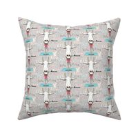 goat yoga, small scale, gray white aqua turquoise red goats