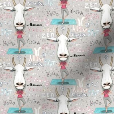 goat yoga, small scale, gray white aqua turquoise red goats