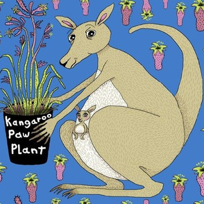 kangaroo with kangaroo paw plant, large scale, blue green beige khaki brown orchid lime