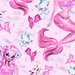 LARGE-Pinup Mermaid with Merkittens-PINK